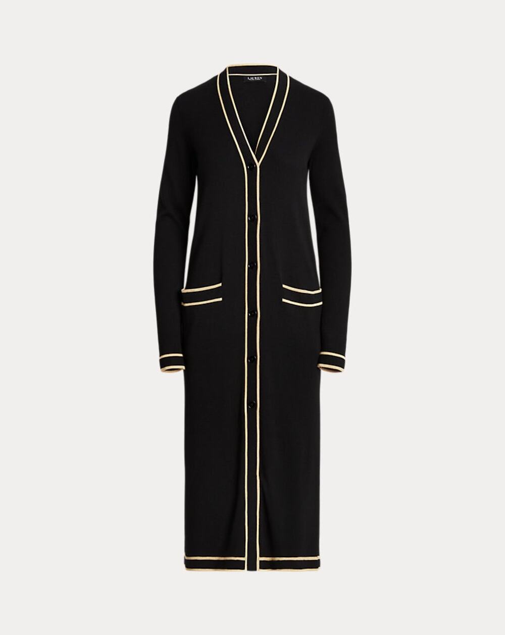 Lauren Ralph Lauren Sz L Black Tan Two-Tone Long Duster Midi Cardigan Sweater